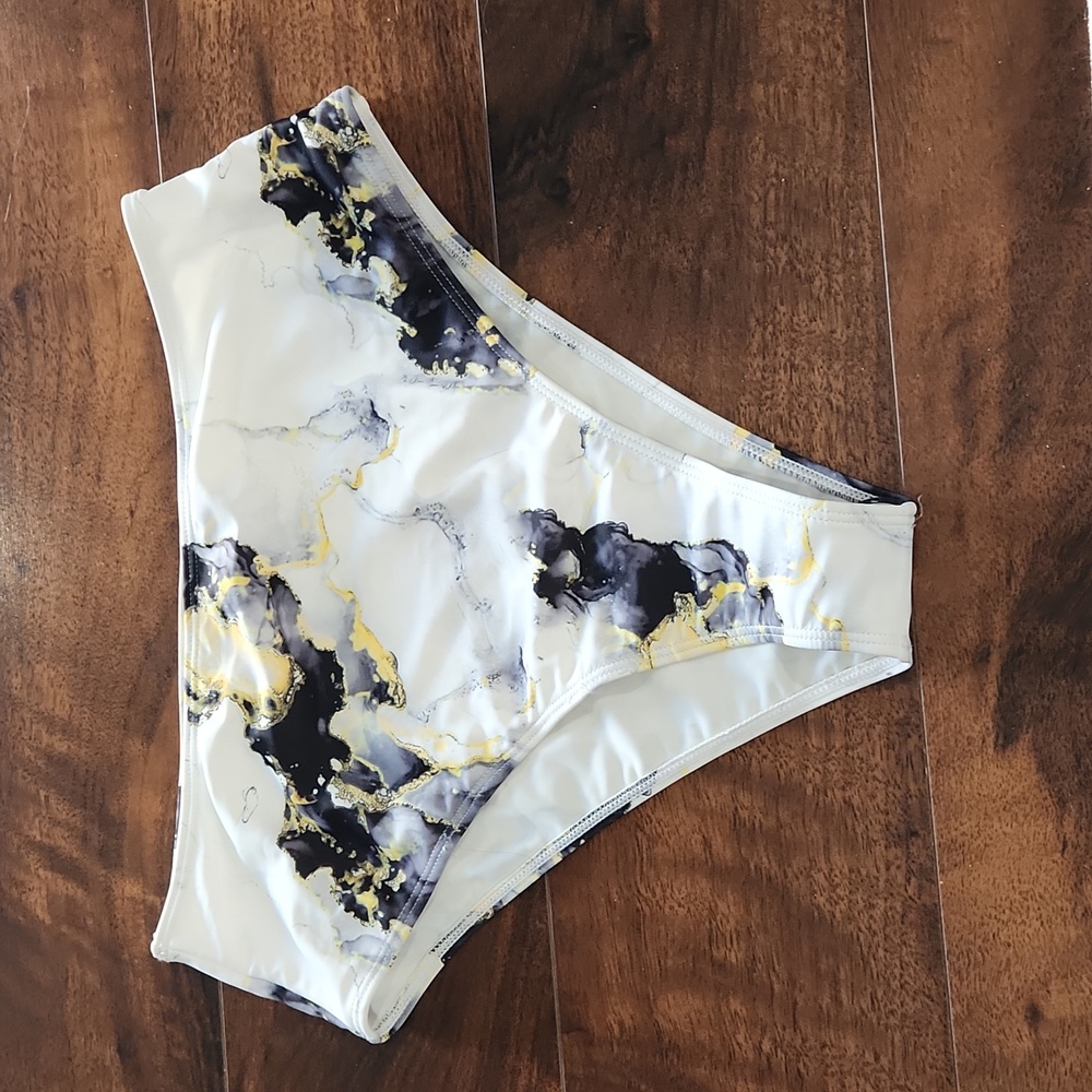 New white marble with black and gold swim bottoms Size Large